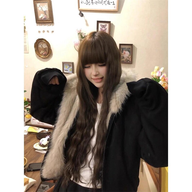 现货重磅硬挺boxy羽绒棉衣座山雕猫耳大毛毛领麂皮棉服冬外套图片