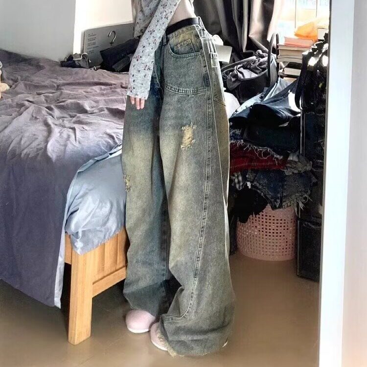 美式复古阔腿牛仔裤男女2025新款高腰破洞设计感宽松垂感拖地裤,男装牛仔裤,星座1210-1
