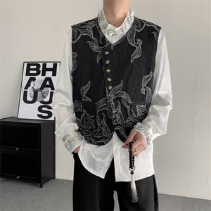 春装新中式气质叠穿复古提花牛仔马甲男女大码无袖宽松背心马甲图片