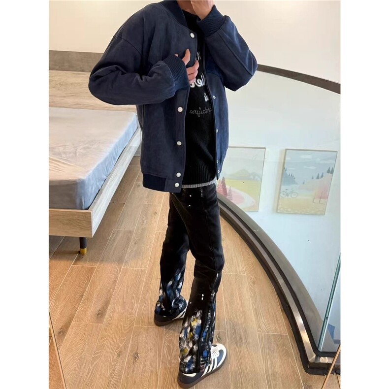 美式黑色AM新款个性泼墨涂鸦牛仔裤复古高街修身裤子轻奢百搭长裤,男装牛仔裤,四季星座505
