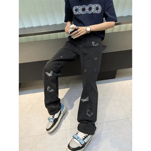 1506/QT3510/P57黑色刺绣牛仔裤设计感裤子美式高街潮牌微喇裤图片