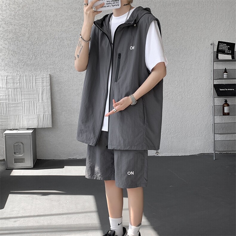 TZ25115-P60特大码工装机能无袖马甲套装5分裤子两件套,男装休闲套装,电商D232