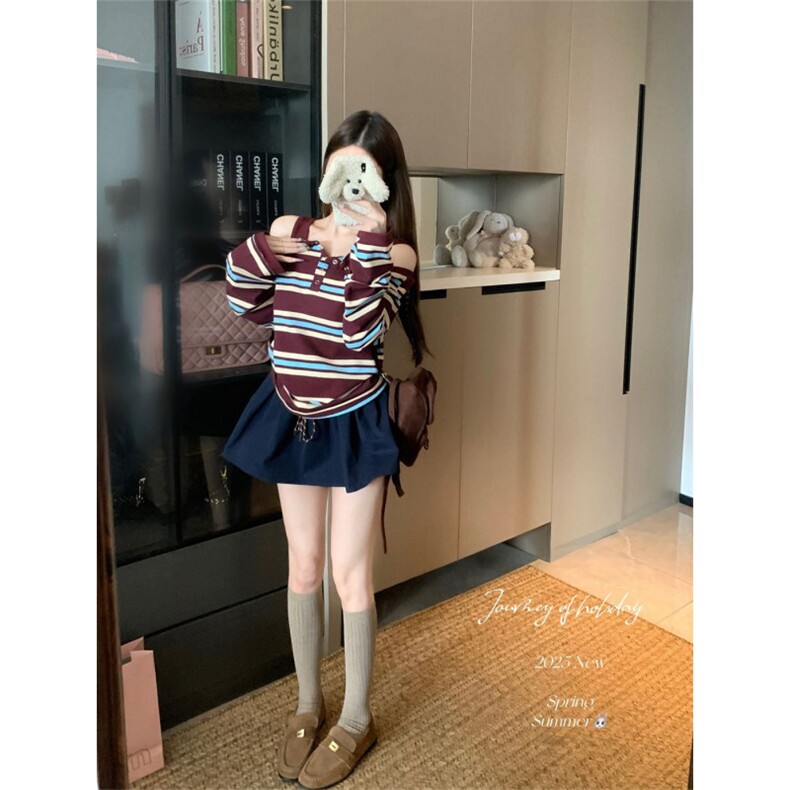 kumikumi设计感撞色条纹露肩长袖T恤女秋季显瘦,男装T恤,星座506A