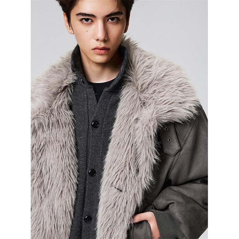 现货重磅硬挺boxy羽绒棉衣座山雕大毛毛领洗水麂皮棉服冬外套，男装棉衣，电商A486-1