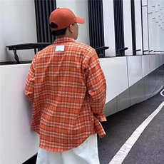 复古格纹设计感长袖衬衫男女小众宽松休闲口袋设计感橘色衬衣外套，男装衬衫，星座1210-1