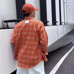 复古格纹设计感长袖衬衫男女小众宽松休闲口袋设计感橘色衬衣外套图片