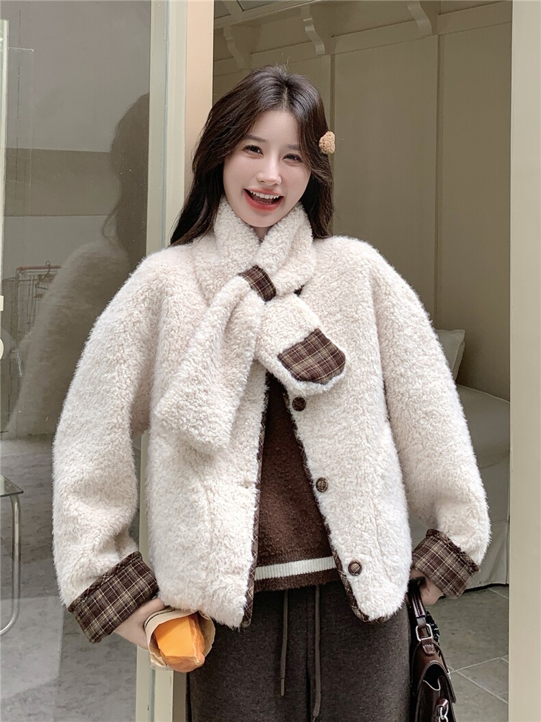 韩系减龄短款羊羔毛棉服外套女2025冬季新款显瘦保暖围脖毛毛上衣,女装短外套,慧尚依恋