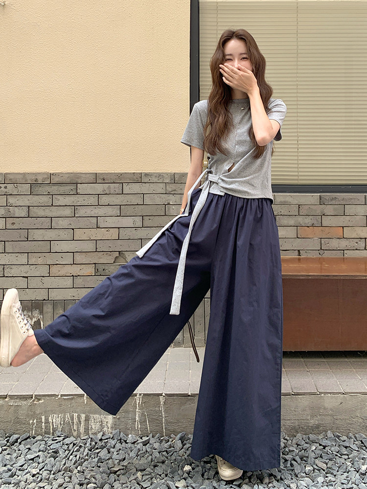 设计感不规则短袖套装女2025夏新款休闲系带上衣显瘦阔腿裤套装女,女装套装/套裙,浙宝220