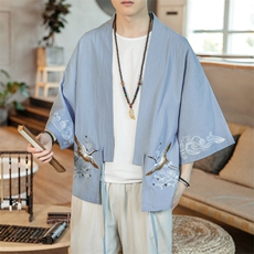 F861P55咖啡厅七分袖仙鹤绣花棉麻潮流宽松风汉服外套，男装T恤，电商A026