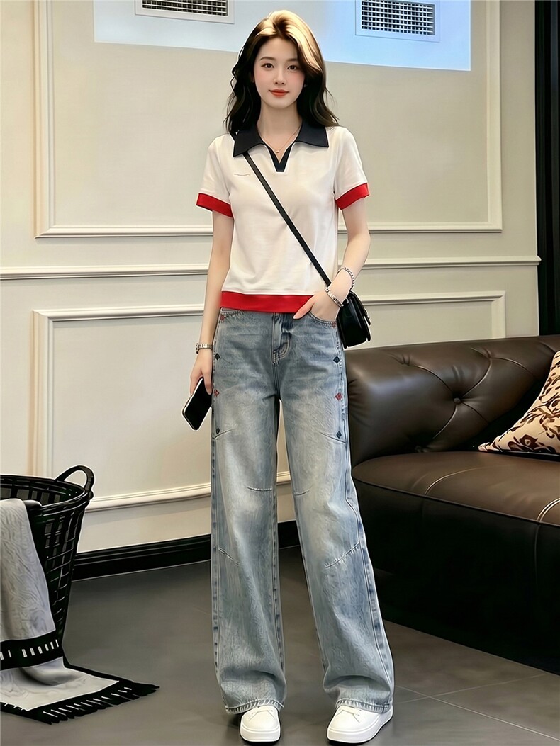 学院风网红时尚套装女夏新款翻领撞色拼接上衣阔腿牛仔长裤两件套,女装套装/套裙,江南