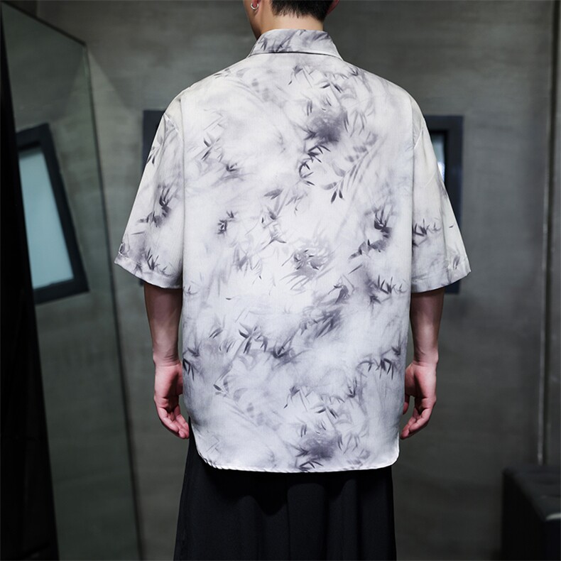风新中式竹叶水墨画扎染冰丝大码复古衬衫短袖CS33-P65-控88,男装衬衫,电商A021