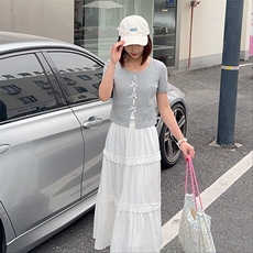 浅蓝色蝴蝶结短袖上衣套装裙女夏季2025年新款一整套半身裙两件套，女装套装/套裙，2D148