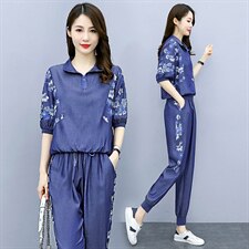 2023夏季新款简约时尚个性拉链立领牛仔拼接休闲舒适两件套，女装套装/套裙，依路服饰