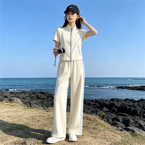 港风炸街休闲运动套装女夏洋气显瘦修身立领短袖上衣阔腿裤两件套图片