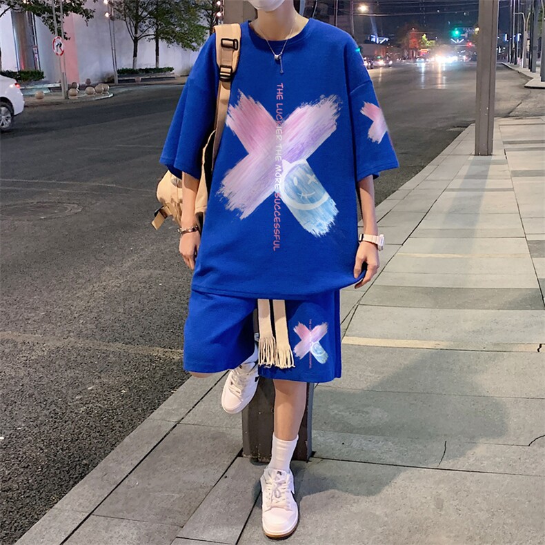 套装！夏季华夫格套装男T恤短裤男两件套大码港风TZ13-P50,男装休闲套装,电商B367
