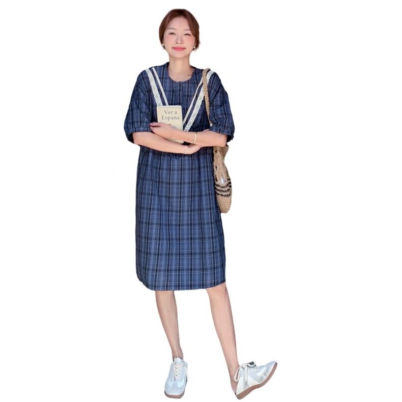 蕾丝拼接蓝色格子连衣裙女夏2025新款森系复古小个子衬衫裙爆款,女装连衣裙,2C323