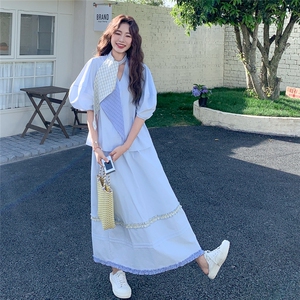 蓝色法式气质套装裙女2025夏季新款超好看泡泡袖上衣半身裙两件套图片