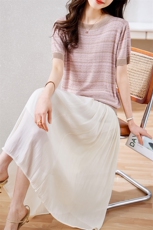 现货2023年夏季简约气质螺纹圆领针织上衣+欧根纱裙两件套，女装套装/套裙，仟媚宠