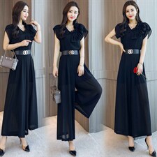 2022年夏季韩版时尚不规则花边拼接上衣+显高阔腿裤两件套，女装套装/套裙，火爆靓佳人