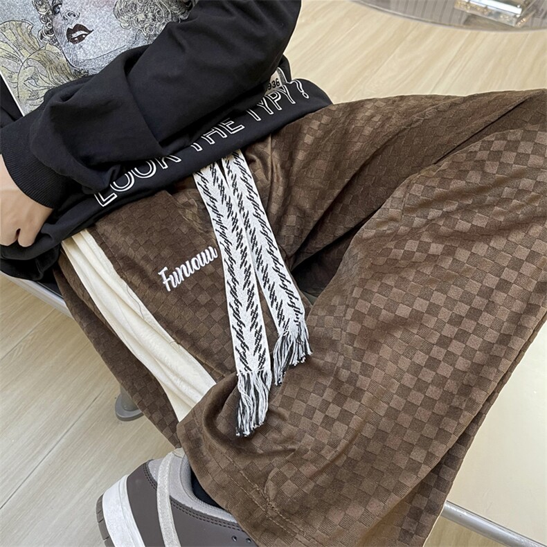 美式复古咖色裤子男秋冬日系棋盘格排扣运动裤侧边拼接阔腿直筒裤,男装休闲裤,星座601-2