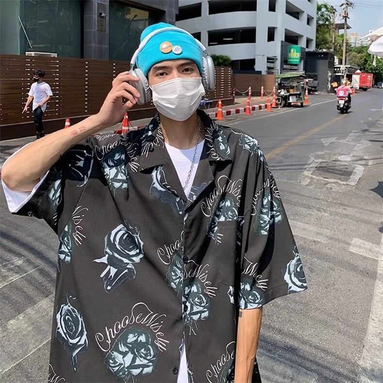 夏季情侣款玫瑰花满印短袖衬衫男美式宽松半袖衬衫S2236P30,男装衬衫,星座1116-2