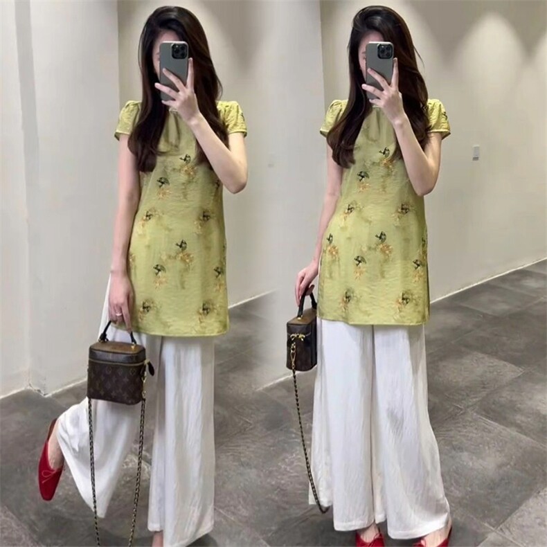 TOUCHMISS时尚气质套装女夏新中式盘扣旗袍短袖上衣阔腿裤两件套,女装套装/套裙,韩蔻秀