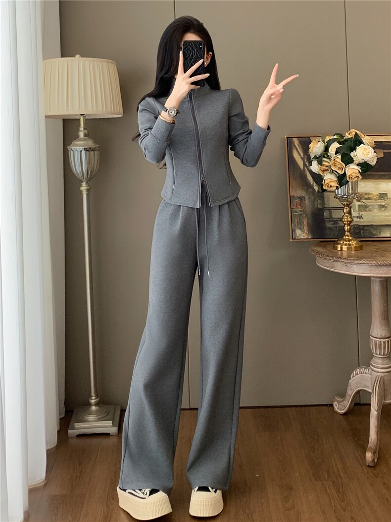 时尚套装女秋季新款洋气减龄修身显瘦半开拉链上衣阔腿长裤两件套,女装套装/套裙,江南