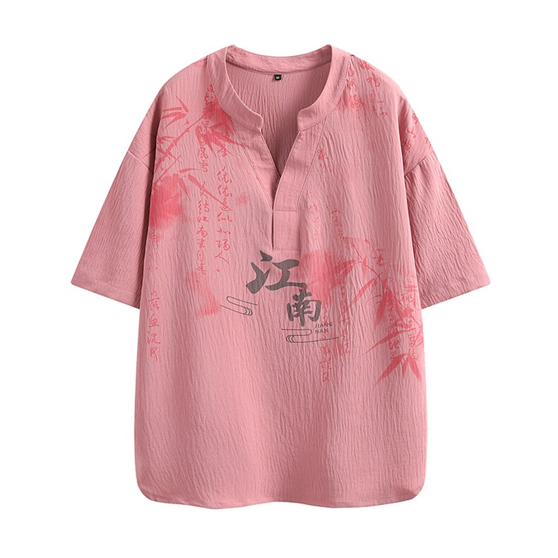 白底夏季冰感情侣半袖新中式印花V领短袖T恤男女651-特P29控49,男装T恤,电商A441