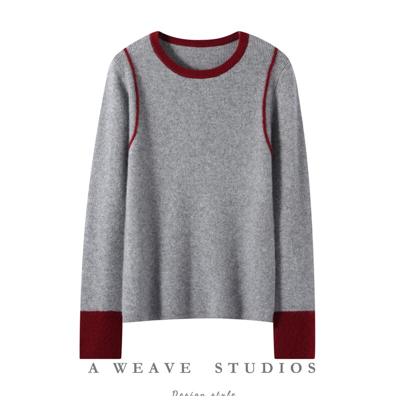 2025秋冬时尚百搭圆领拼色抽条假两件，女装羊绒衫，朵暖羊绒