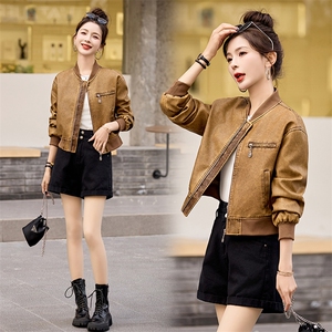 现货时髦做旧复古PU皮衣夹克外套女小个子2024新款短款立领机车服图片