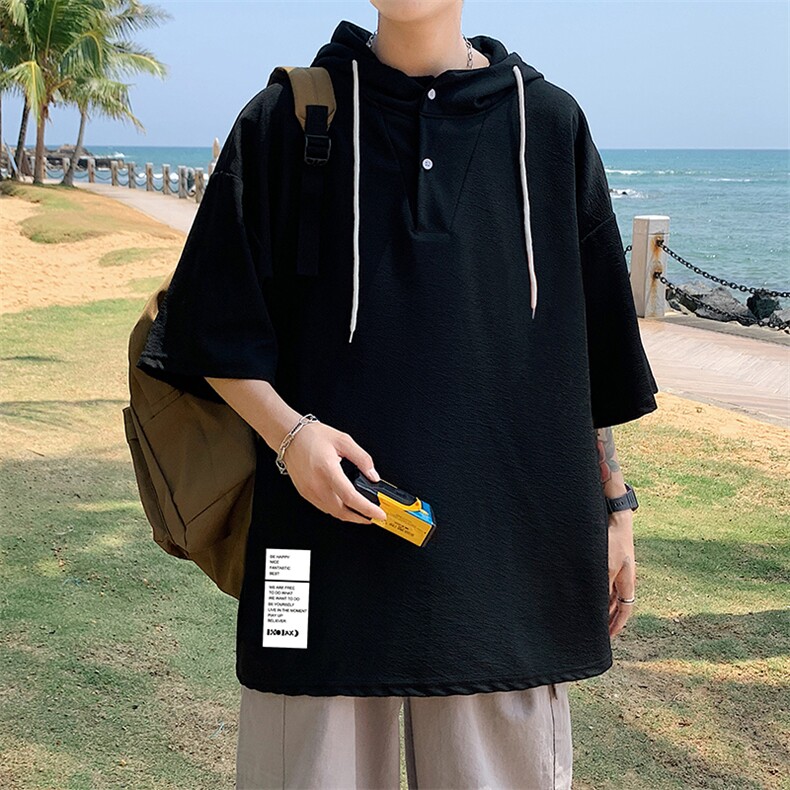 LD54045-P45连帽短袖t恤男大码胖子带帽五分袖中袖,男装T恤,电商A040