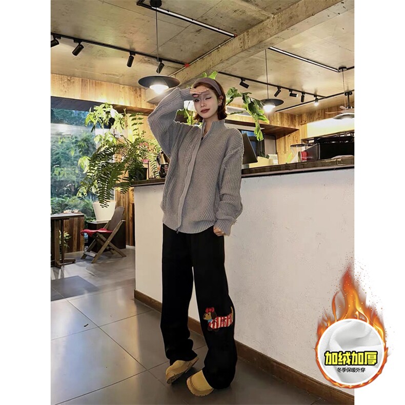 冬季美式刺绣羊羔毛棉裤男女情侣加绒加厚保暖宽松休闲阔腿长裤子，男装棉衣，电商A443