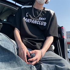 2026夏装新款薄款宽松拼接短袖印花五分袖T恤T6603/特P30黑色3，男装T恤，电商A094