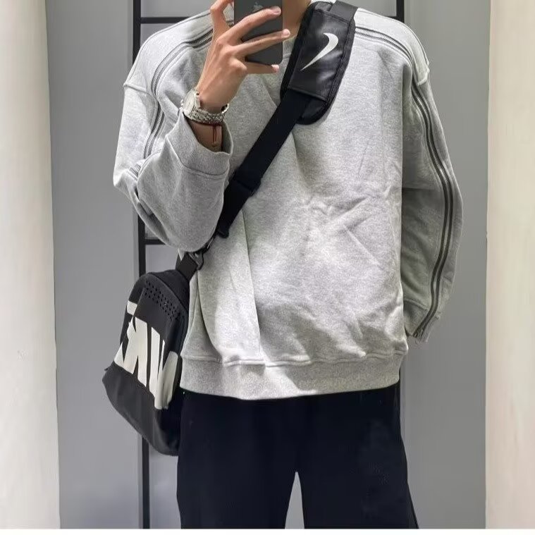 GW16-P38美式双拉链拼接卫衣男灰色高街休闲圆领廓形落肩袖重磅,男装T恤,电商B323A