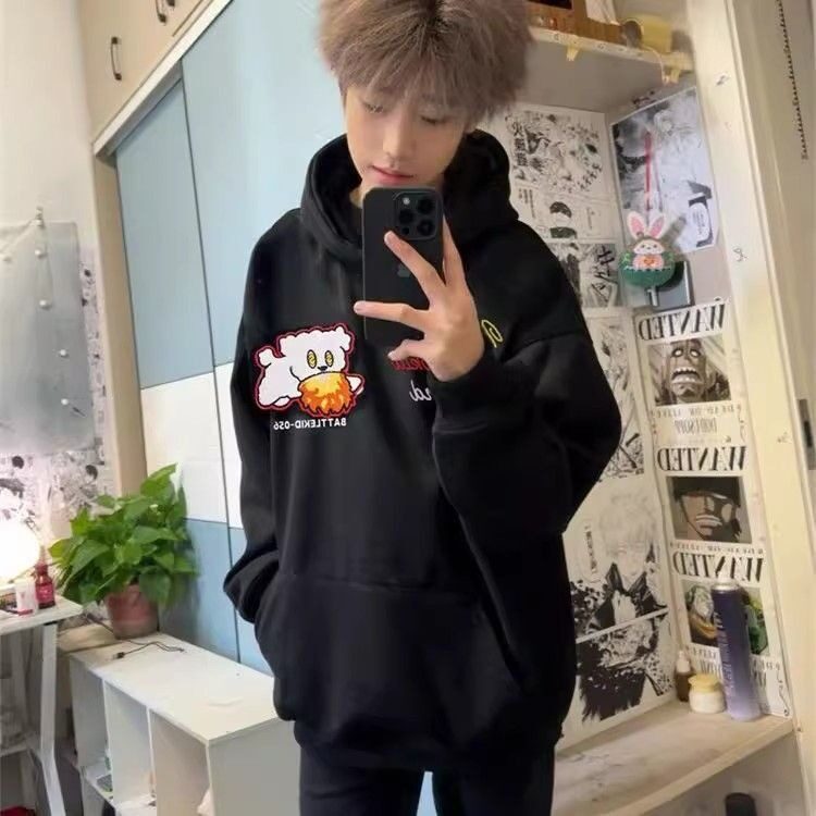 2025潮流新款卡通小狗魔术贴连帽卫衣男秋冬加绒宽松百搭情侣上衣,男装卫衣,星座506A