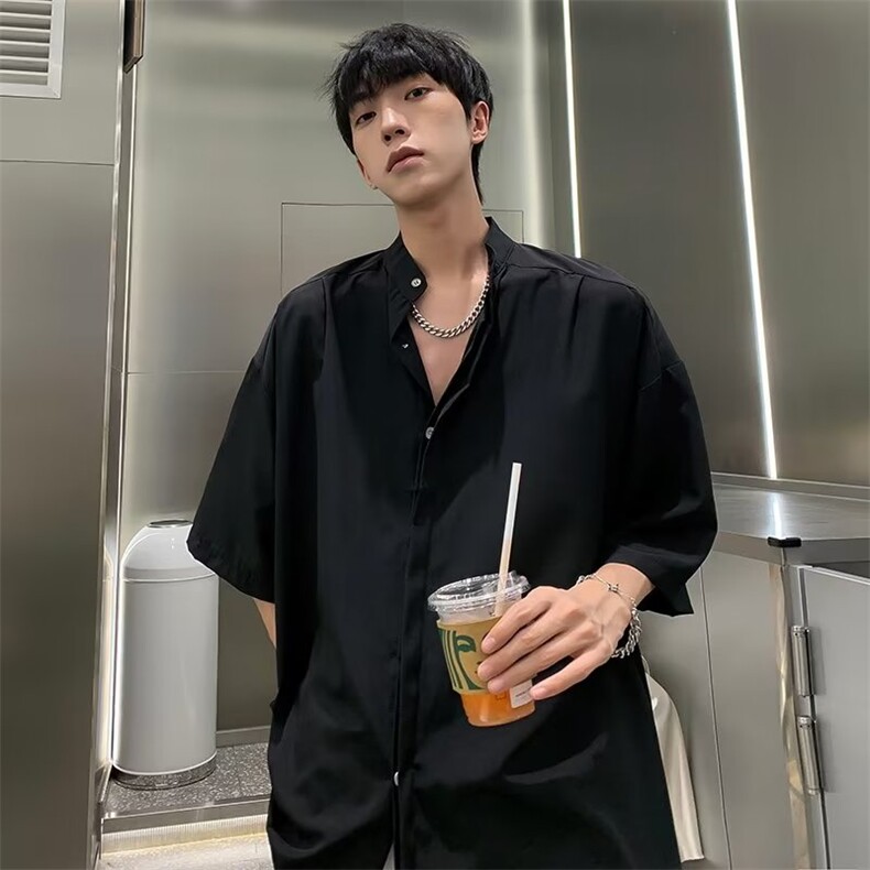 新中式风衬衫男短袖立领高级感垂感灰色冰丝衬衣P32,男装衬衫,星座1116-2