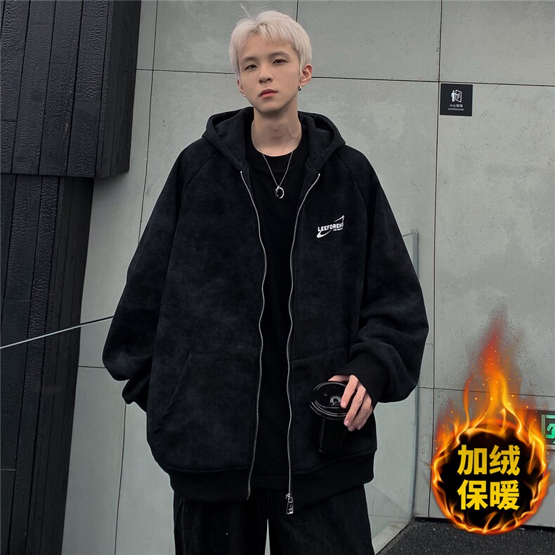 现货扎染脏脏连帽开衫加绒卫衣男士2026秋冬新款宽松外套JK092,男装卫衣,电商C307