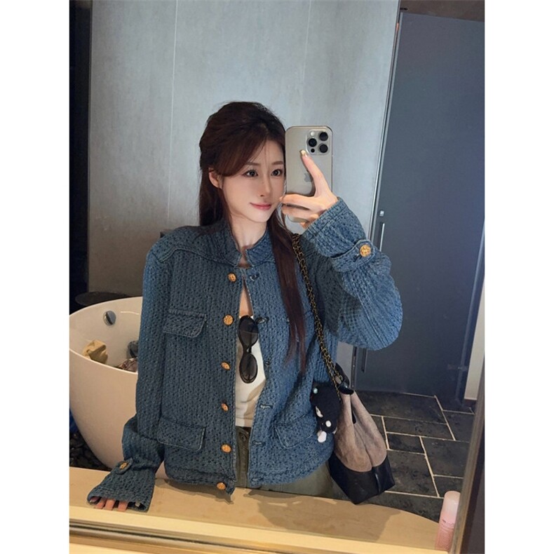 牛仔小香风复古蓝色纹理短外套女2025秋季老钱风宽松显瘦立领夹克,男装工装外套,星座506A
