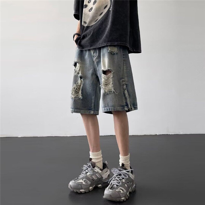 破洞牛仔短裤男夏季薄款拉链开叉宽松直筒休闲五分裤子MK616-P40，男装牛仔裤，星座1008