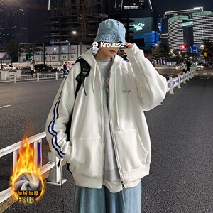 2023冬季加绒加厚连帽卫衣男宽松港风ins休闲开衫外套男WY668P58，男装卫衣，电商A086