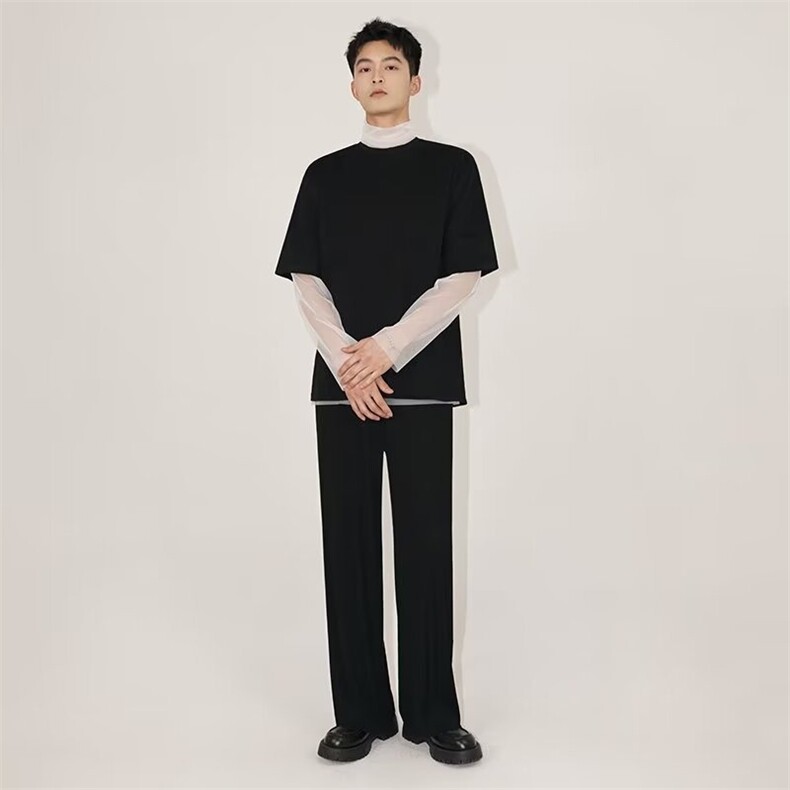 W115-P22高级感堆堆领网纱打底衫男士夏季长袖防晒衣,男装防晒衣,电商B323A