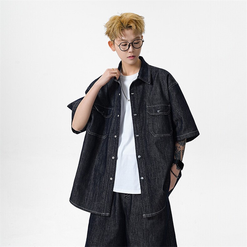 复古短袖衬衫男夏季宽松牛仔衬衣潮流百搭CD160特批：65：109,男装衬衫,星座718