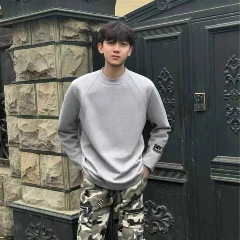 抖音得物品质26春装美式高街曼巴棉螺纹拼接卫衣圆领长袖T恤YT164,男装T恤,电商A486-1