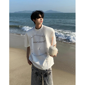 垫肩铆钉t恤男夏季设计感小众cleanfit上衣复古重磅短袖 T5576图片