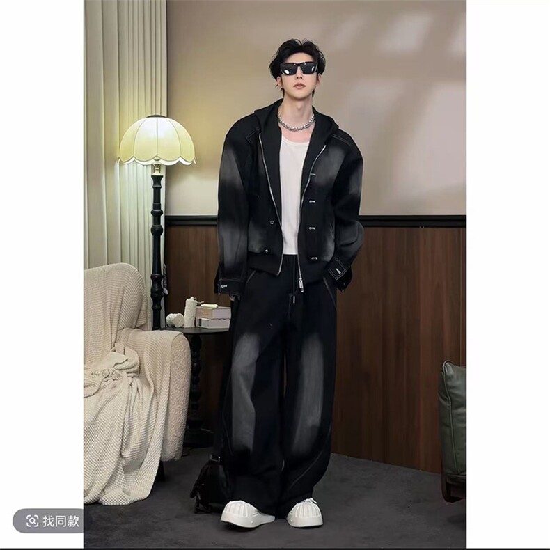 2026春款潮流牛仔拼接连帽夹克套装男W366-P153K366-P92(网图）,男装夹克,电商B267