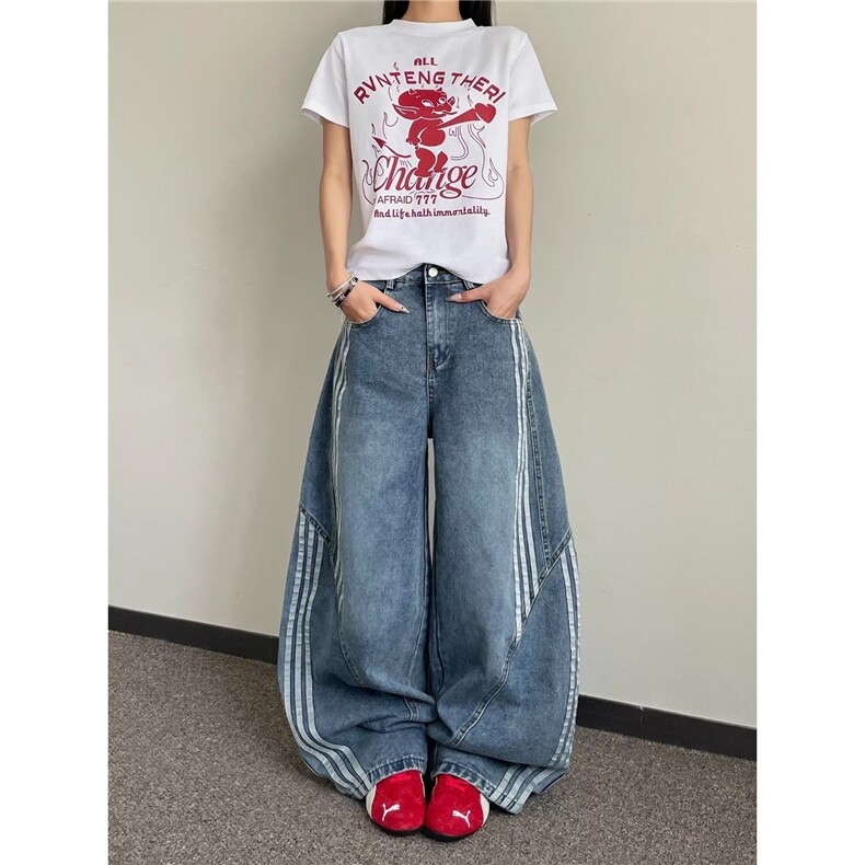 水洗解构弯刀牛仔裤女高街条纹拼接宽松显瘦休闲阔腿裤子NZY601,男装牛仔裤,星座516A