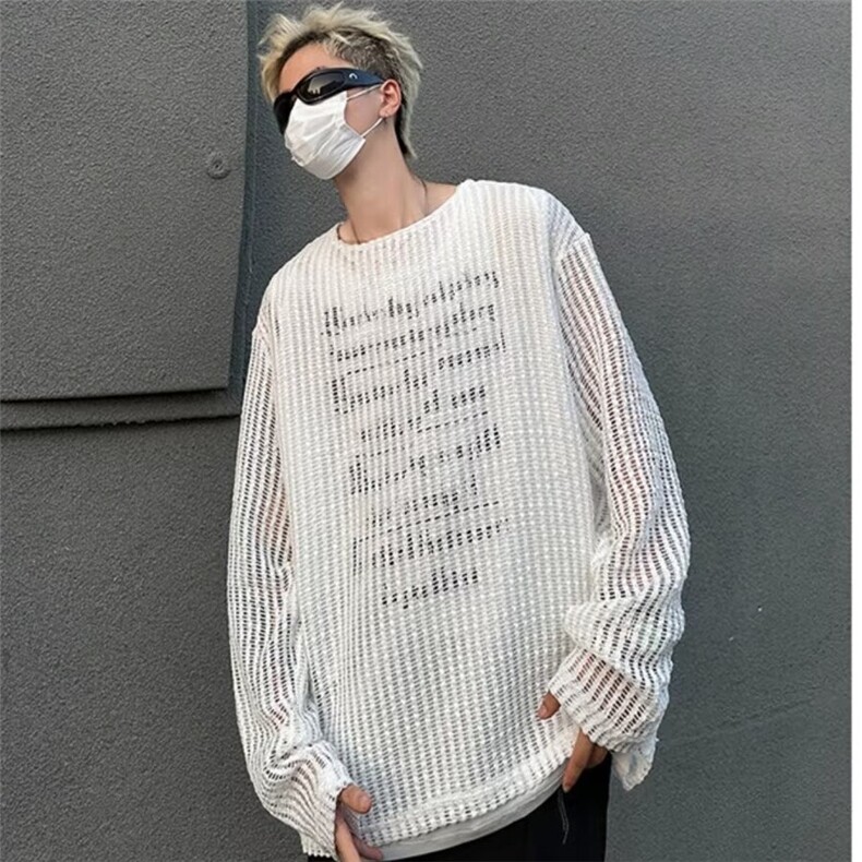 时尚镂空网纱假两件针织罩衫男女夏季秋薄款长袖t恤外套M6032/P40,男装T恤,星座506