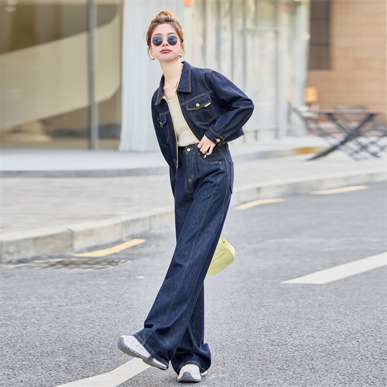 牛仔套装女2025春秋新款韩系高级感超火休闲洋气减龄阔腿裤两件套,女装套装/套裙,浪花E族（衣布洛）