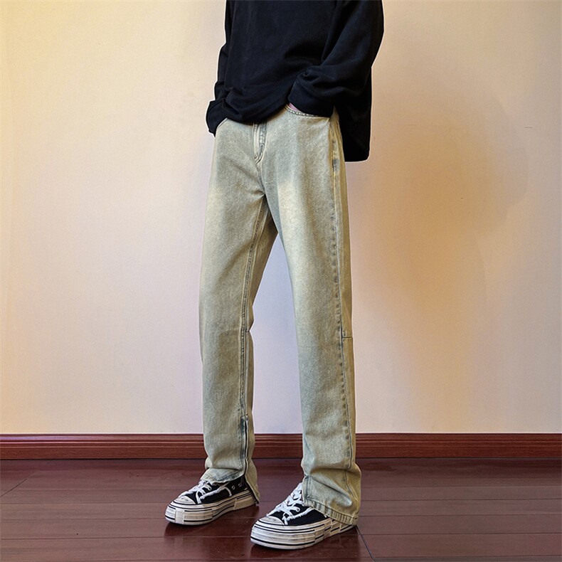 货足秋冬高街vibe修身长裤黄泥染拉链牛仔裤男K823-P55,男装牛仔裤,星座205