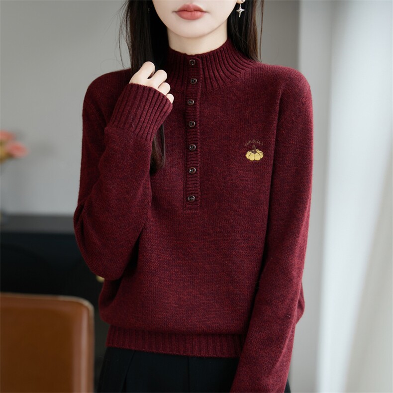 2026年秋季时尚百搭通勤简约休闲花纱浣熊立领小南瓜，女装针织衫/毛衣，源达羊绒